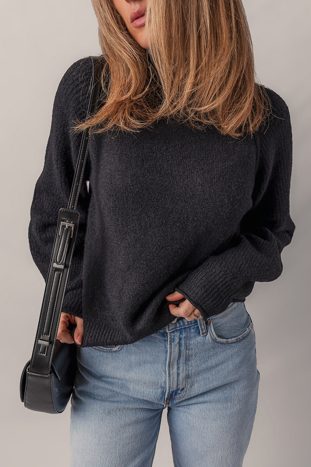 Black Solid Ribbed Knit High Neck Raglan Sleeve Sweater