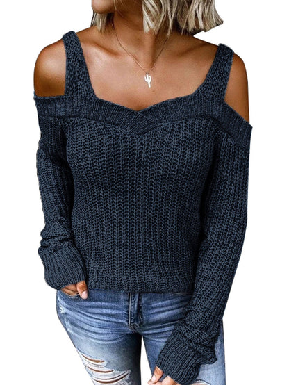 Elegant Navy Cold Shoulder Knit Sweater