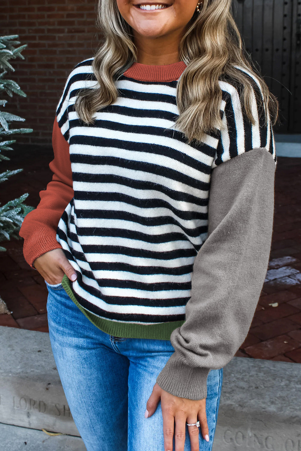 Gray Striped Panels Colorblock Sleeve Chic Sweater