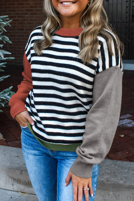 Gray Striped Panels Colorblock Sleeve Chic Sweater