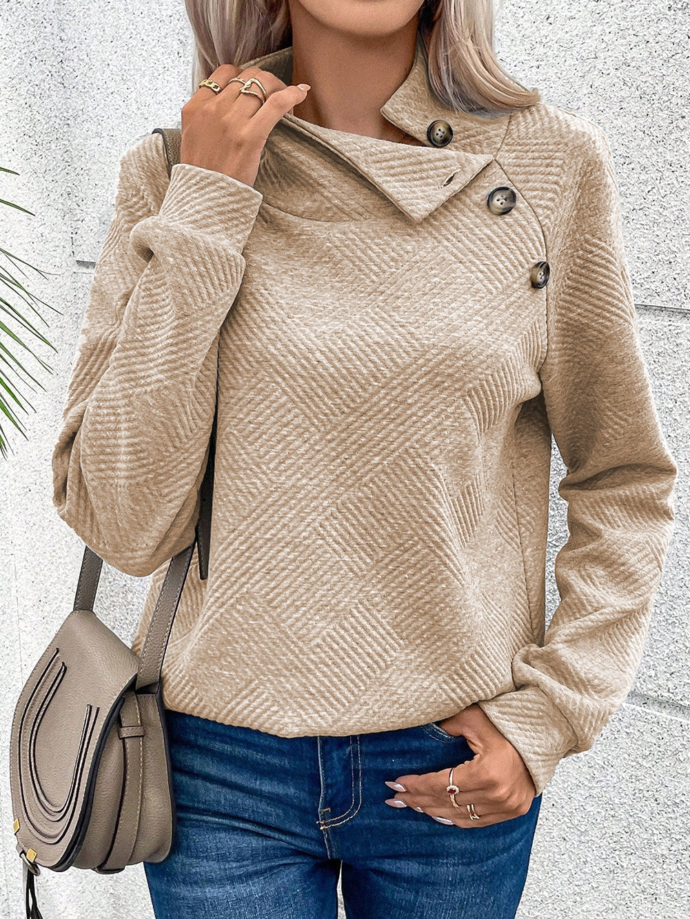 Apricot Textured High Neck Sweatshirt with Unique Asymmetrical Buttons