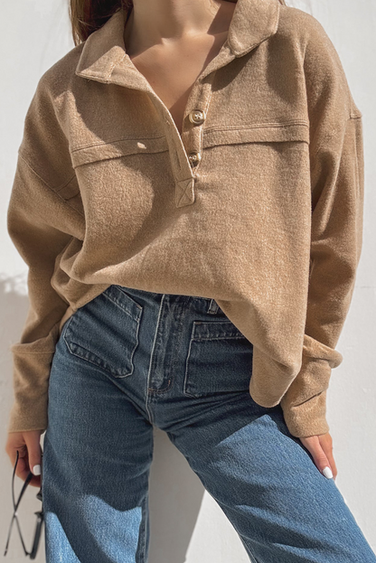 Light French Beige Polo Collar Half Button Long Sleeve Top