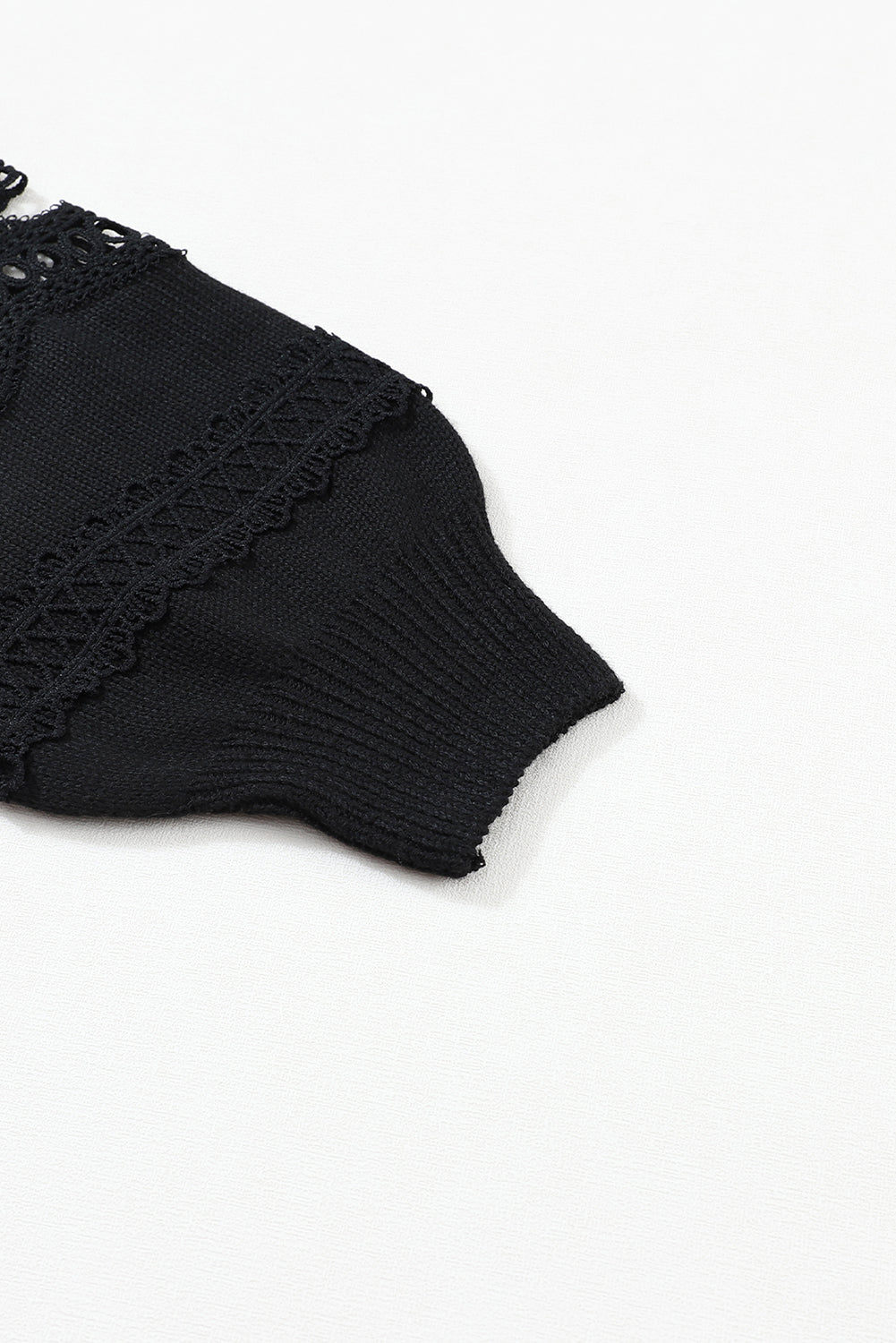 Elegant Black Lace V-Neck Knit Sweater with Hollow Details