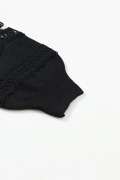 Elegant Black Lace V-Neck Knit Sweater with Hollow Details