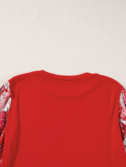 Festive Red Animal Print Lantern Sleeve Patchwork Top
