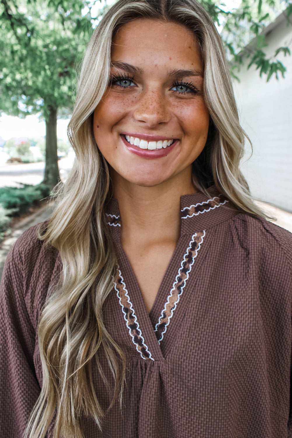 Dark Brown Contrast Leopard Trim Bracelet Sleeve V Neck Textured Top