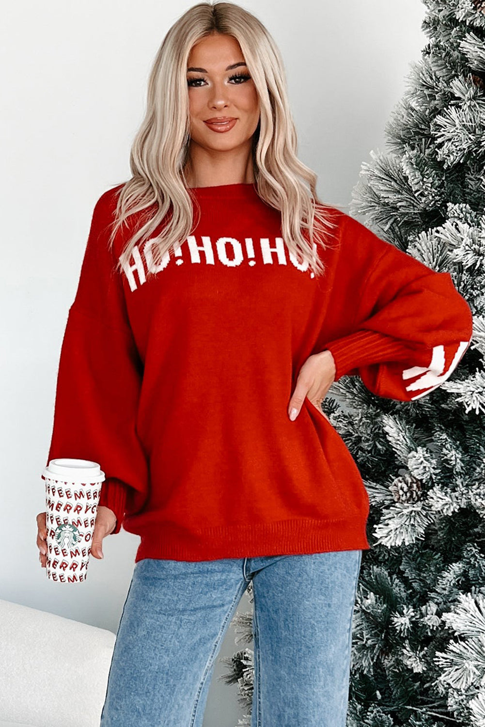 Fiery Red MERRY CHRISTMAS HO HO HO Drop Shoulder Loose Sweater