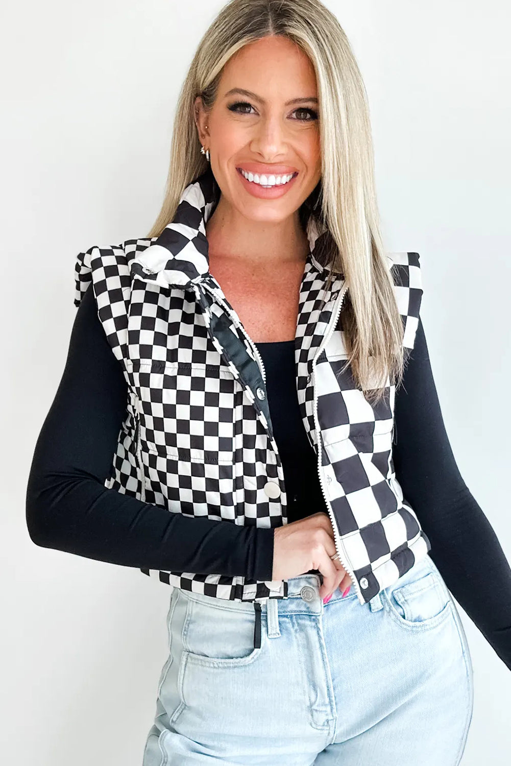 Black Mixed Checkerboard Stitched Zip Up Stand Neck Snap Button Vest
