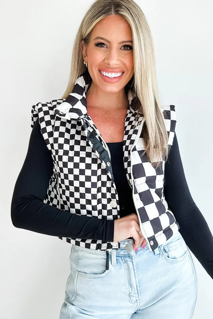 Black Mixed Checkerboard Stitched Zip Up Stand Neck Snap Button Vest