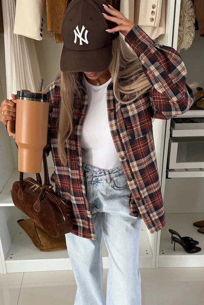 Mineral Red Flanel Plaid Single Chest Pocket Boyfriend Shacket