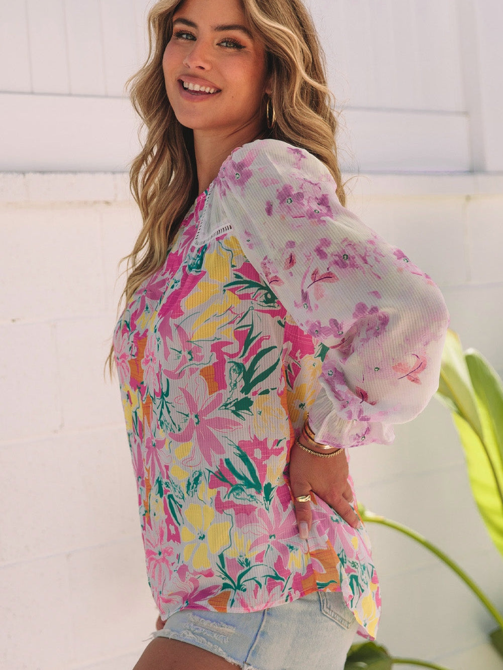 Elegant Purple Floral Lace Trim Shift Blouse