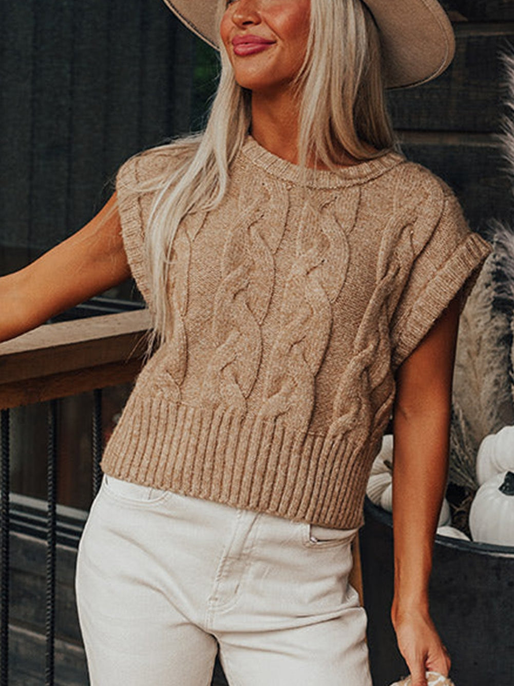 French Beige Cable Knit Sweater with Cap Sleeves