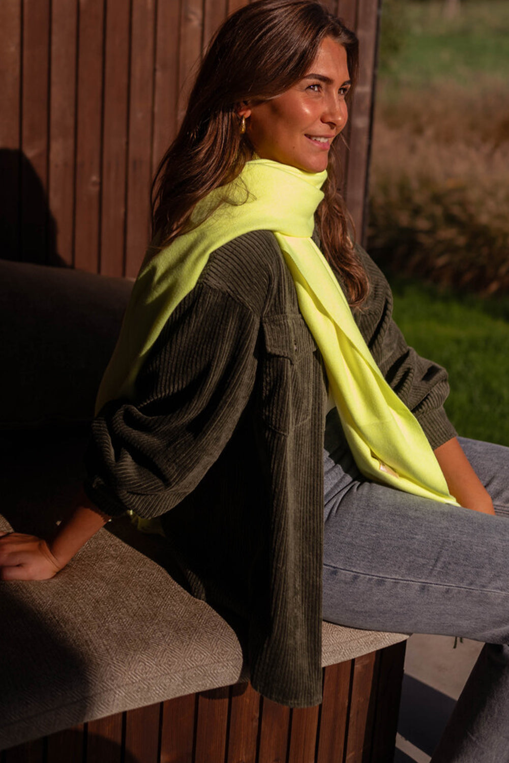 Moss Green Solid Color Button Flap Pocket Corduroy Shacket