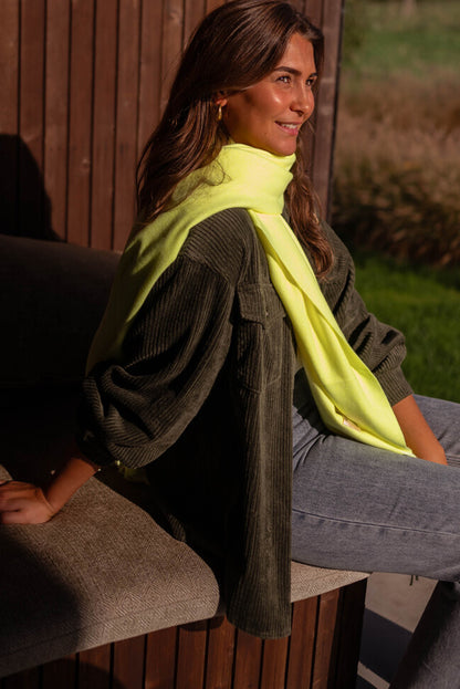 Moss Green Solid Color Button Flap Pocket Corduroy Shacket