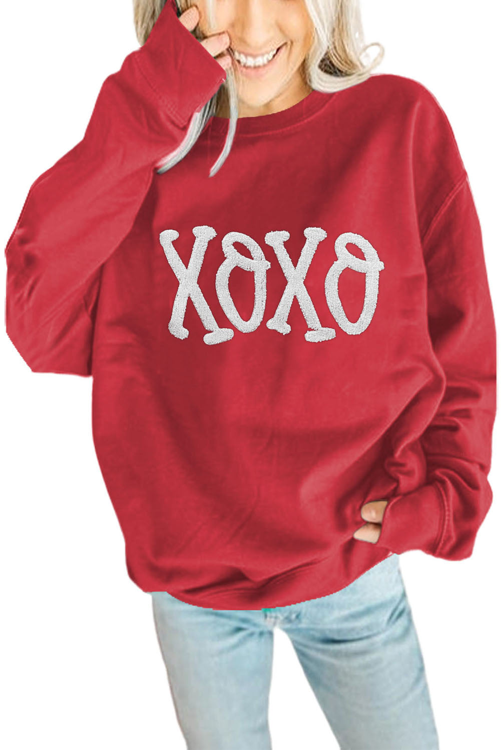 Festive Alphabet Graphic Casual Red Pullover Sweatshirt
