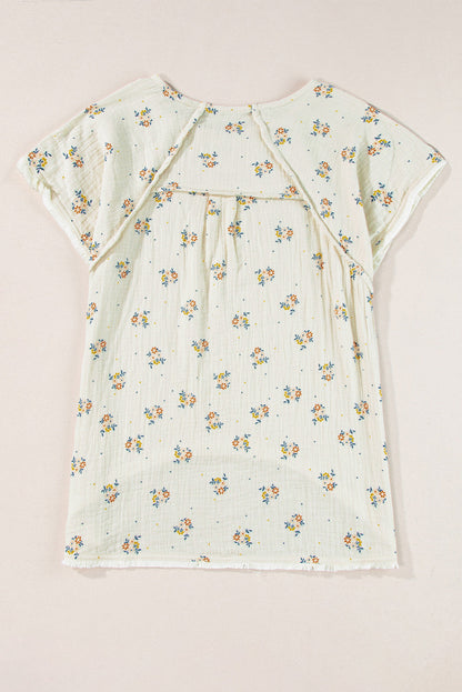 Beige Floral Detail Fringe Trimming Textured Top