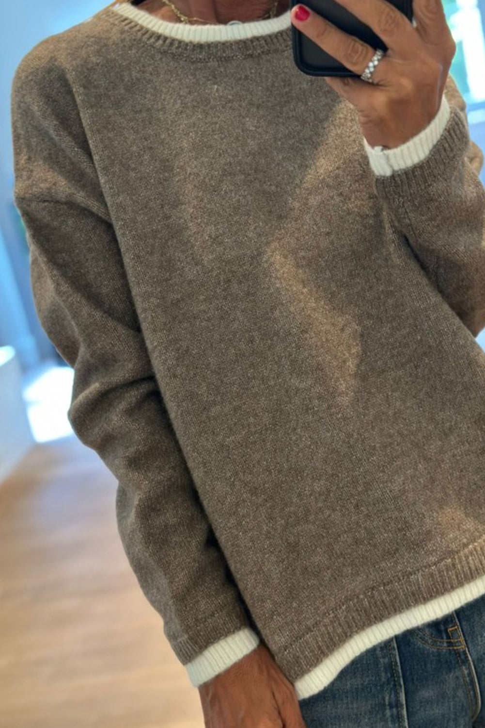 DUNE Contrast Color Trim Round Neck Loose Sweater