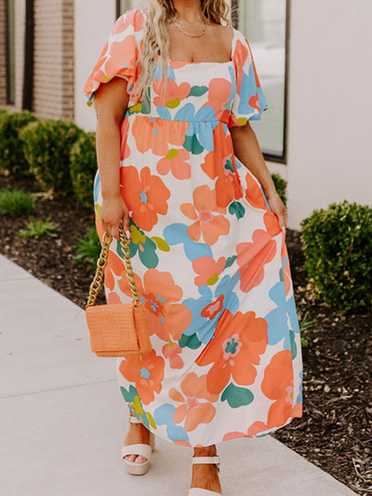 Floral Bliss Plus Size Orange Maxi Dress with Square Neck