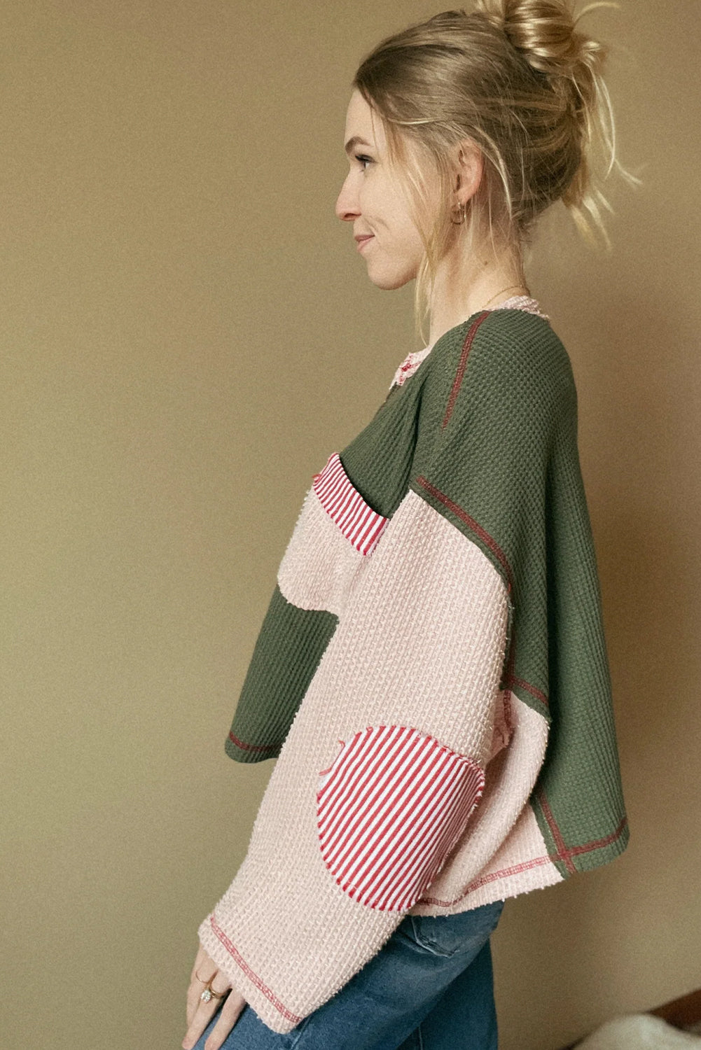 Green Mix Texture Exposed Stitch Color Block Notched Neck Loose Top