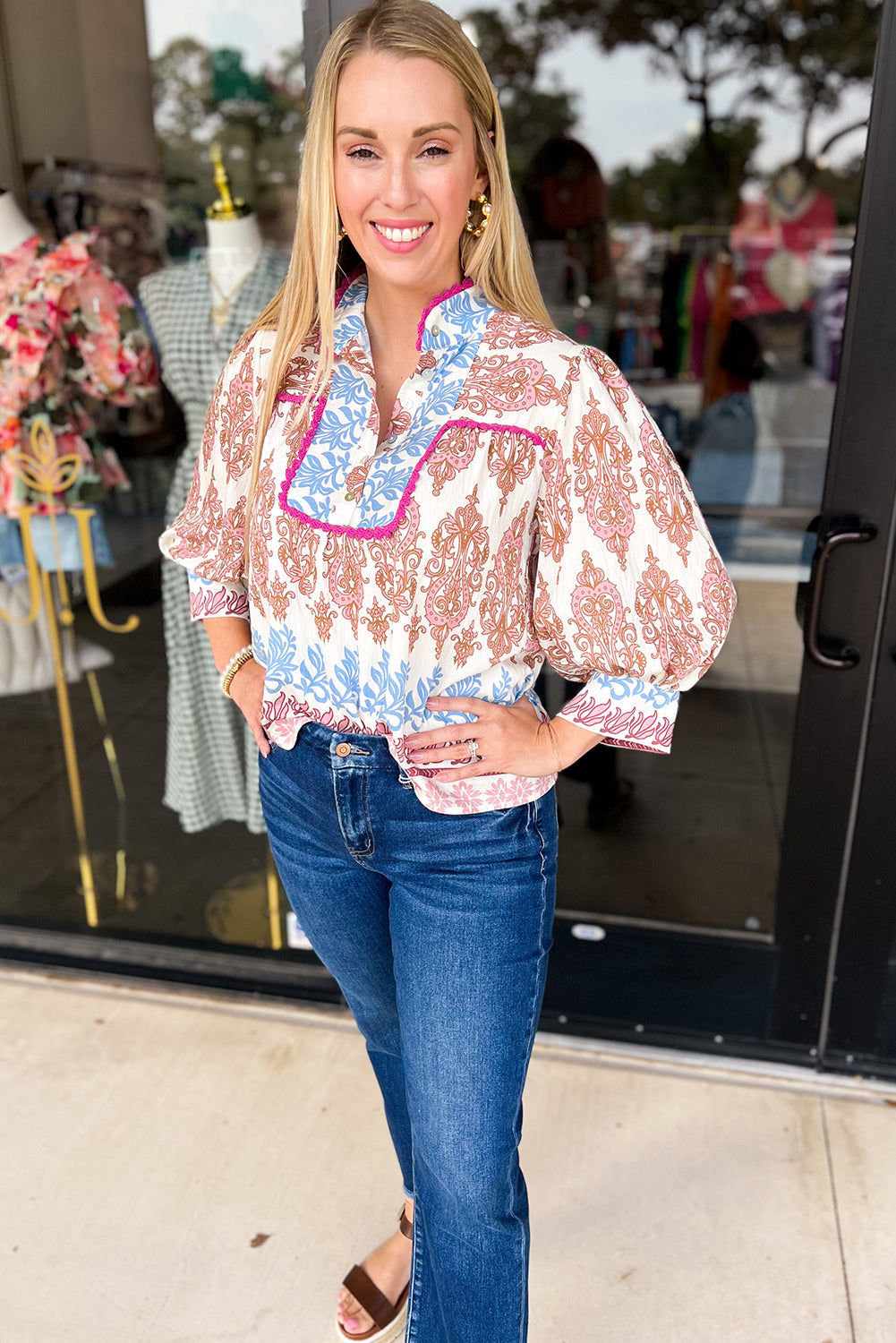 Pink Abstract Floral Pattern 3/4 Puff Sleeve Buttoned Front Collared Blouse