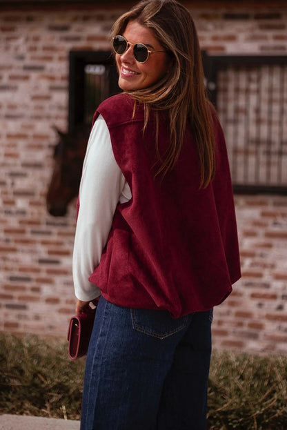 Burgundy Suede Zipped Sleeveless Vest