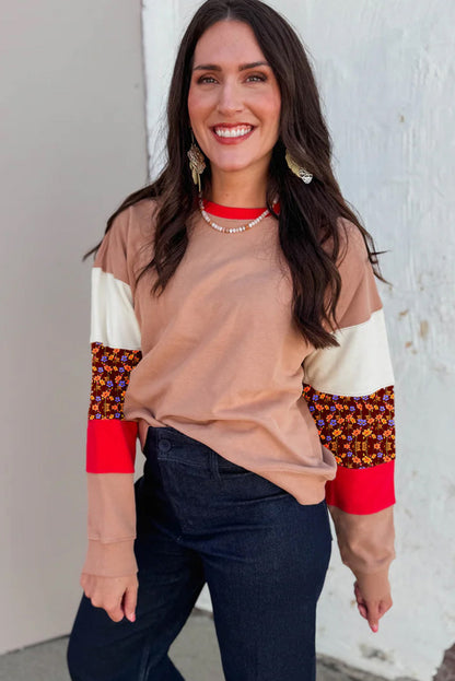 Smoke Gray Color Block Floral Patchwork Drop Shoulder Sweatshirt