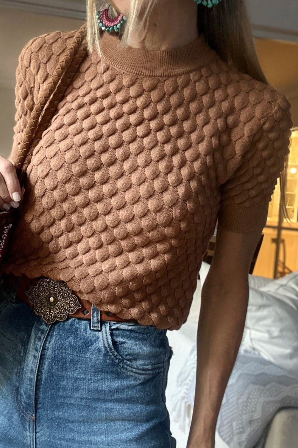 Straw Yellow Fish Scale Textured Knit Ribbed High Neck Short Sleeve Sweater