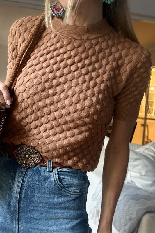 Straw Yellow Fish Scale Textured Knit Ribbed High Neck Short Sleeve Sweater