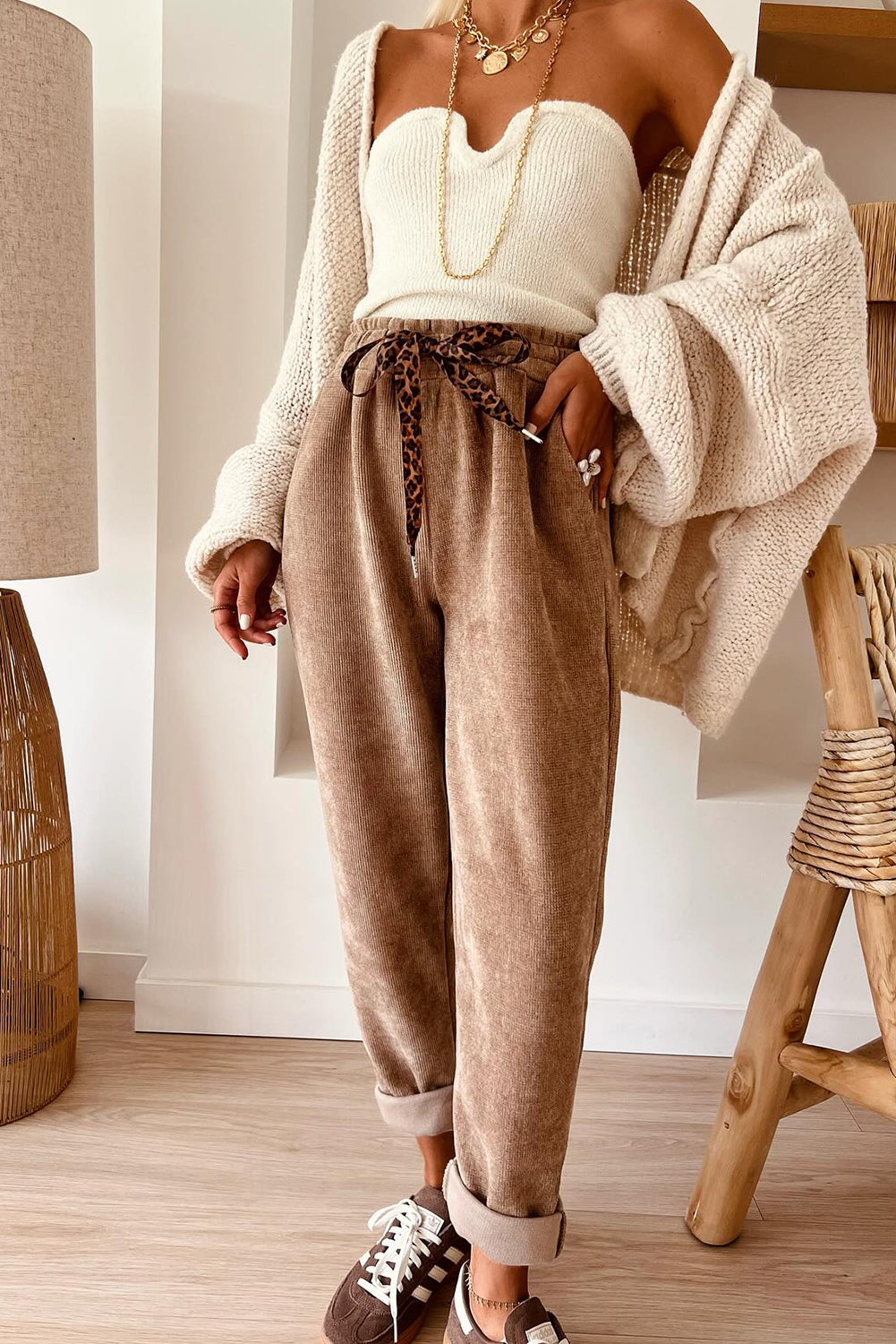 Parchment Leopard Drawstring Corduroy Tapered High Waist Trousers