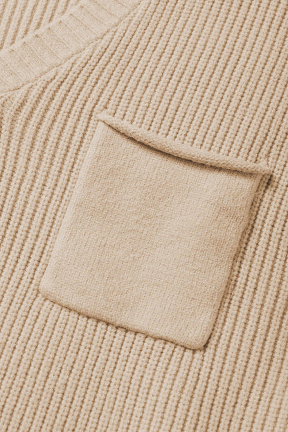 Apricot Ribbed V Neck Cap Sleeve Sweater with Chest Pocket