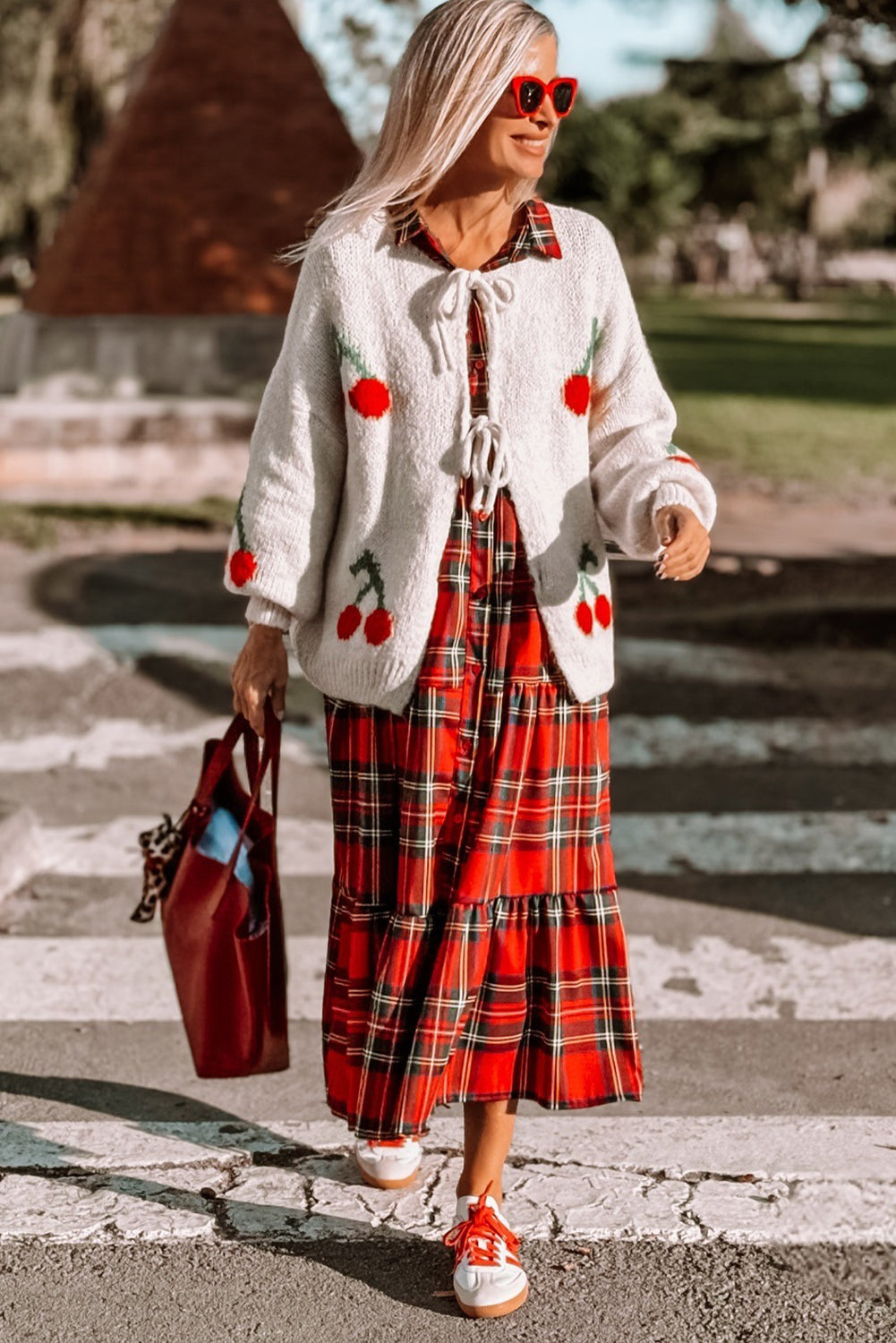 Red Plaid Long Sleeve Shirt Collar Button Down Ruffle Tiered Long Dress