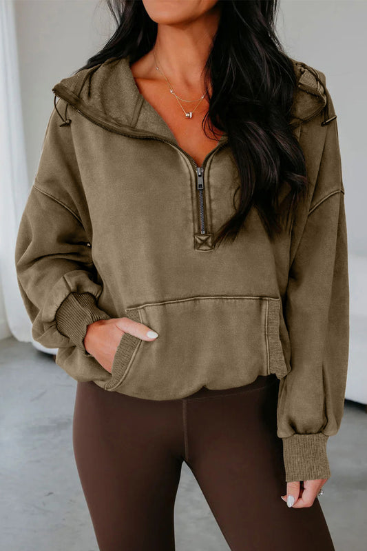 Elmwood Half Zip Kangaroo Pocket Mineral Wash Baggy Hoodie