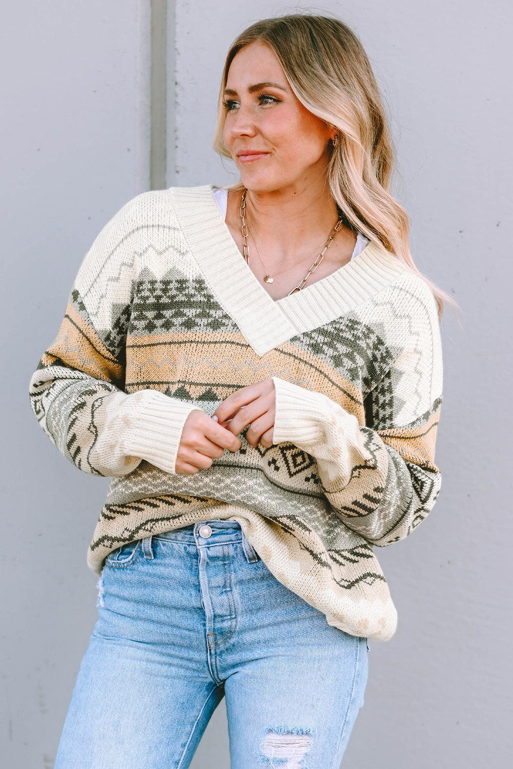Khaki Aztec Print V Neck Sweater with Ribbed Texture