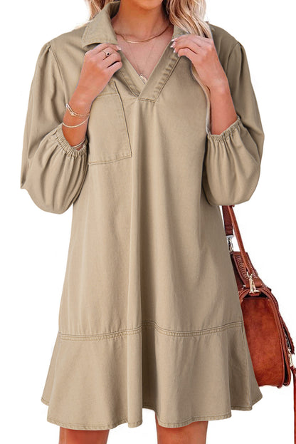 Khaki V Neck Collared Single Chest Pocket Long Sleeve Denim Shift Dress
