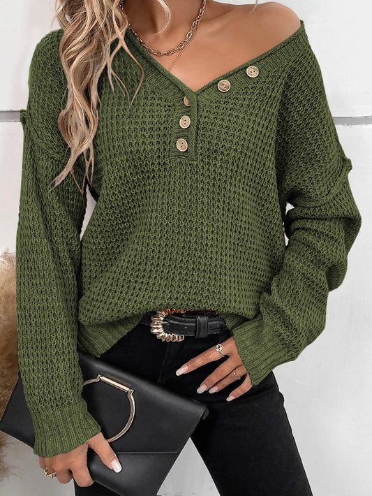 Green Buttoned V Neck Drop Shoulder Sweater with Pointelle Knit