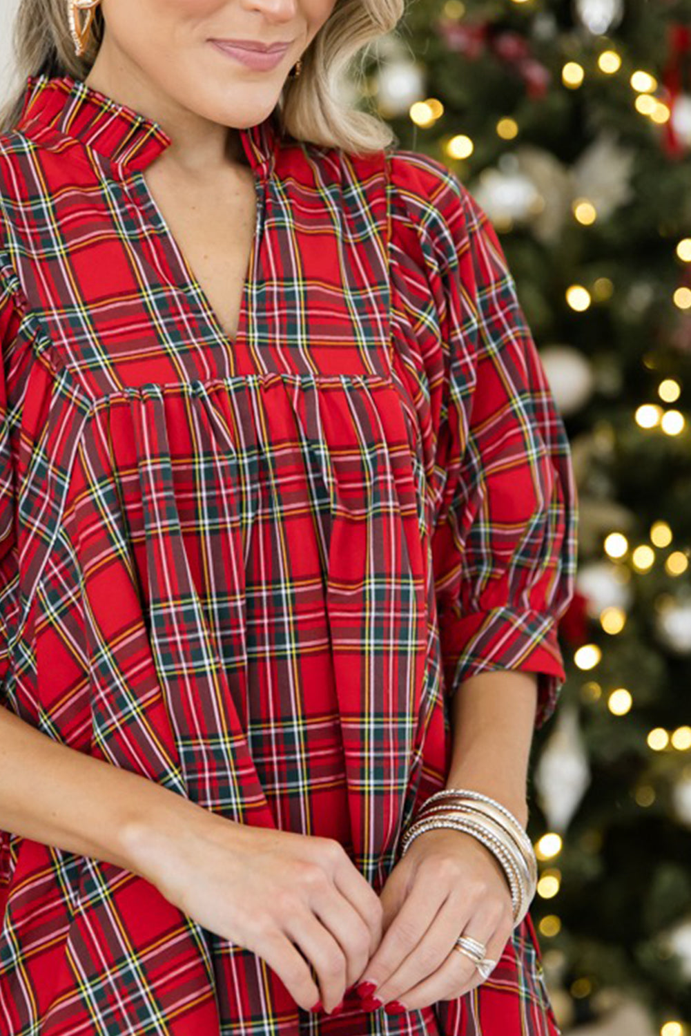 Red Holiday Plaid Split Neck Puff Sleeve Mini Dress