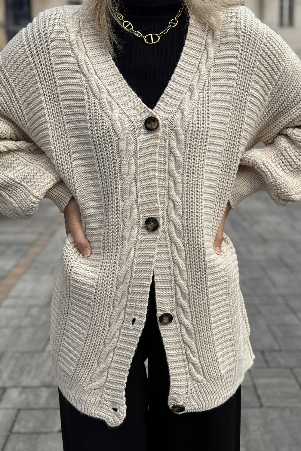 Beige Cable Knit Button V Neck Oversize Sweater Cardigan