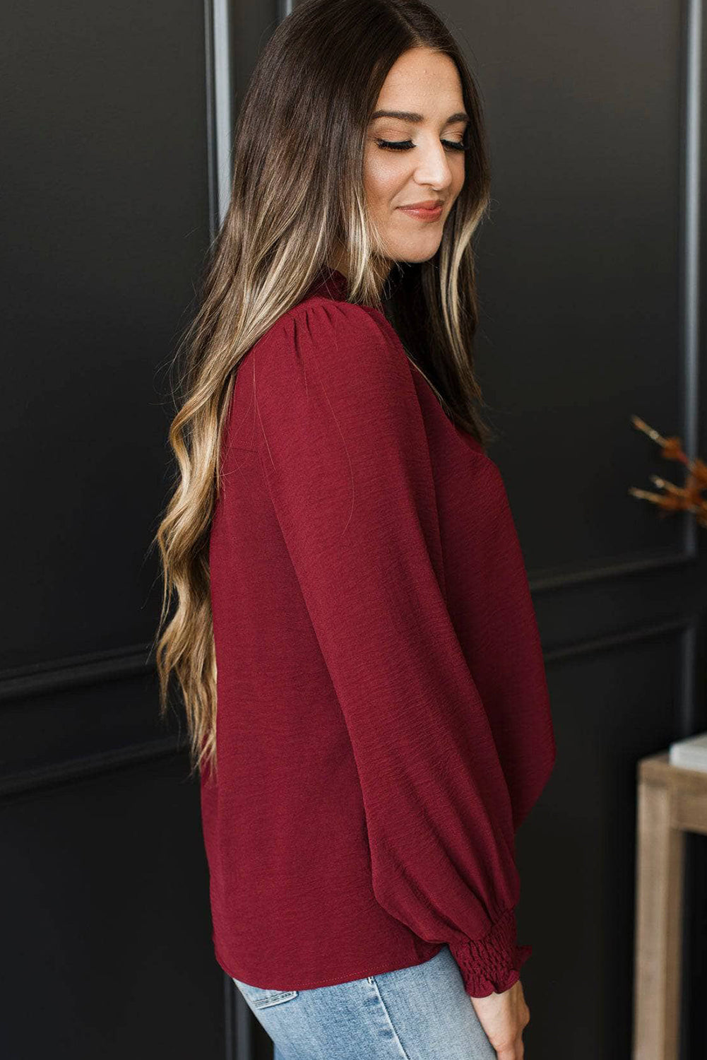 Burgundy Notched Neck Shirred Cuff Long Sleeve Blouse