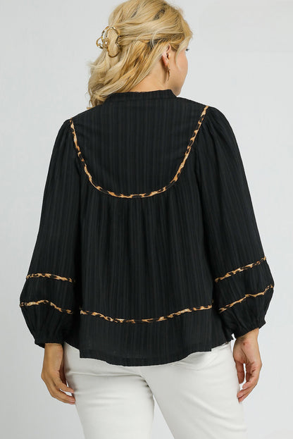 Black Plus Size Leopard Trim Split Neck Long Puff Sleeve Pleated Blouse