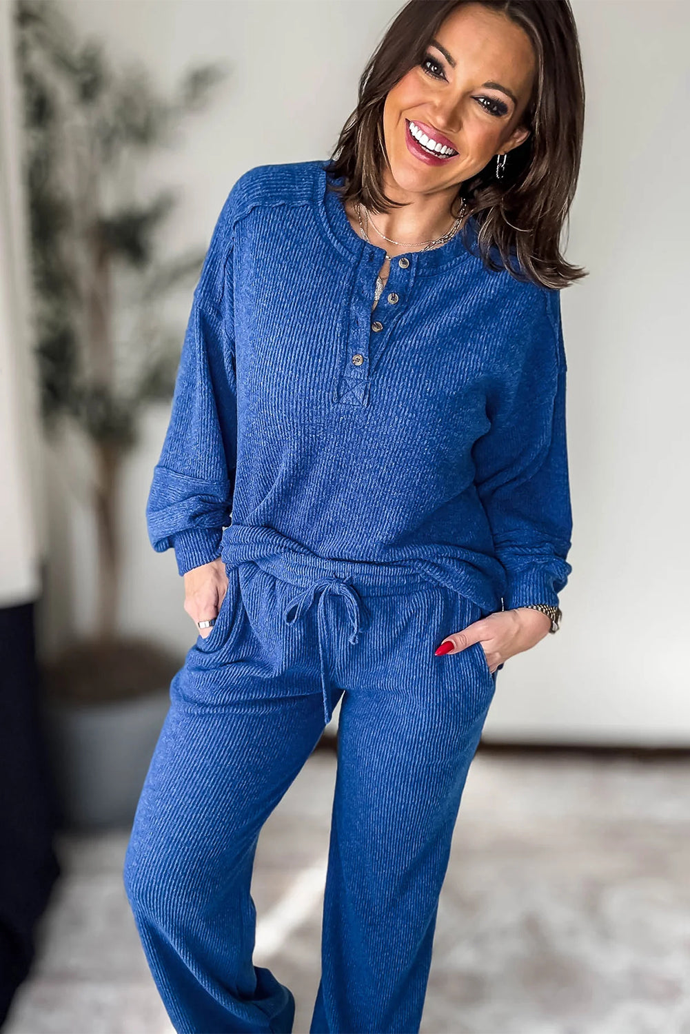 Sky Blue Brushed Ribbed Knit Exposed Seam Drop Shoulder Henley Top