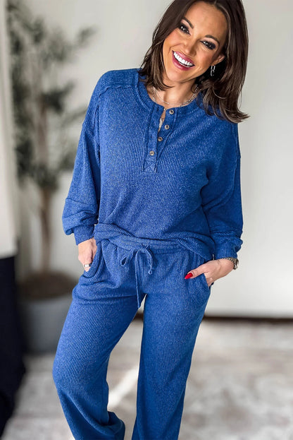 Sky Blue Brushed Ribbed Knit Exposed Seam Drop Shoulder Henley Top