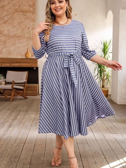 Elegant Gray Striped Tie Waist Midi Dress for Plus Size Women