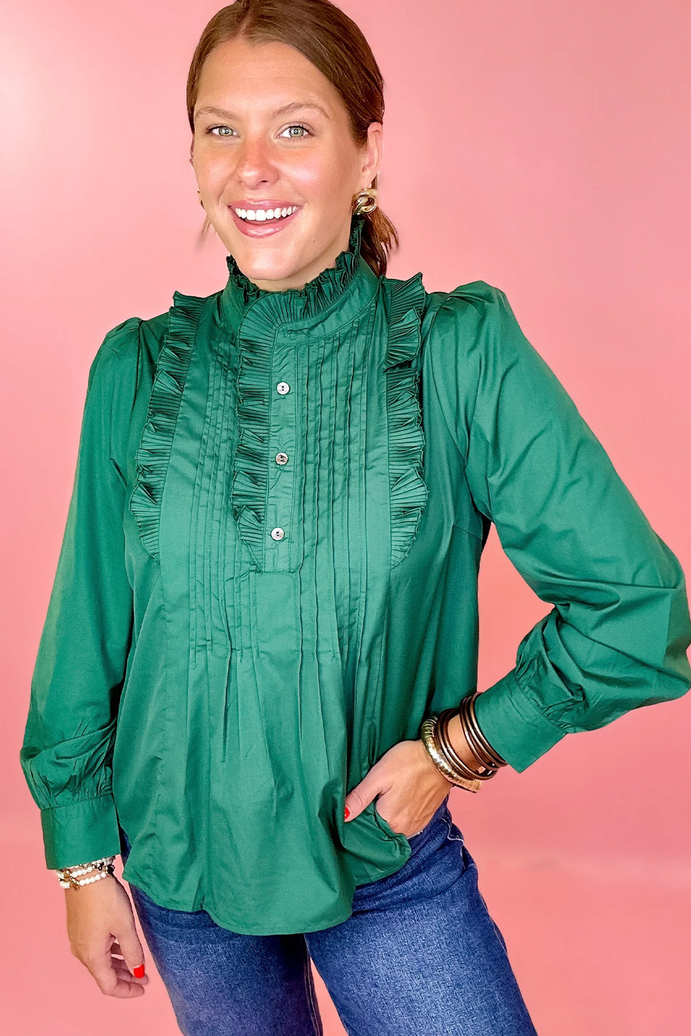 Evergreen Frilled Neckline Pintucked Half Placket Cuffed Blouse Top