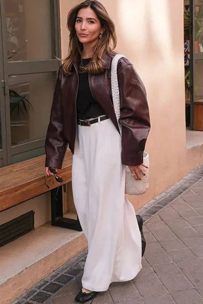 Wild Ginger Elastic Hem Zip Up Faux Leather Jacket