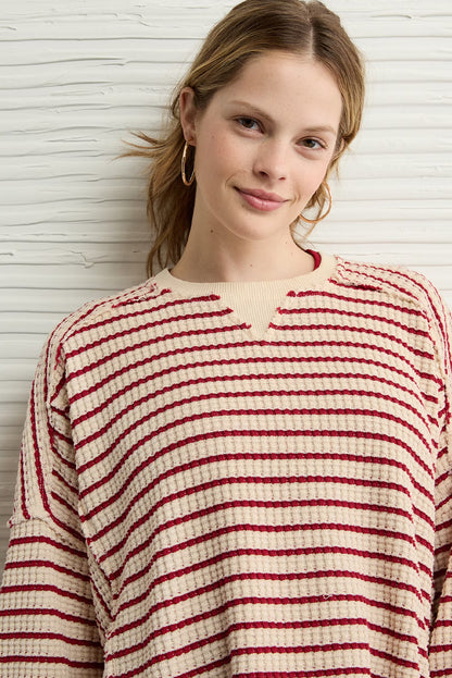 Red Stripe Ribbed Patchwork Drop Shoulder Side Slit Oversize Sweatshirt