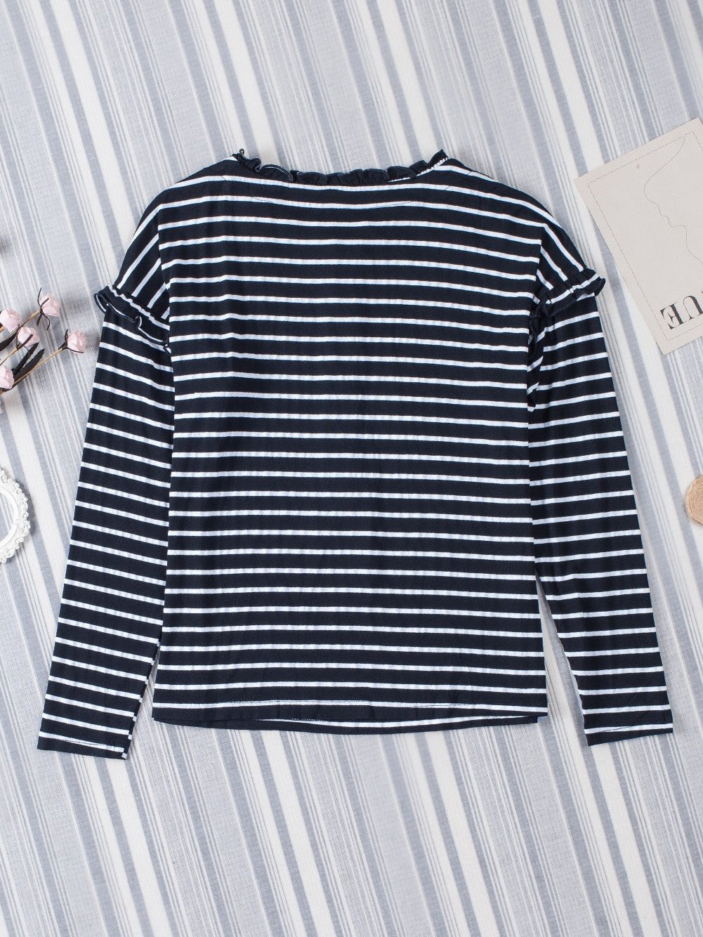 Elegant Black Striped Ruffled Button-Up Blouse