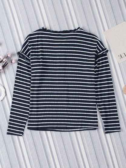 Elegant Black Striped Ruffled Button-Up Blouse