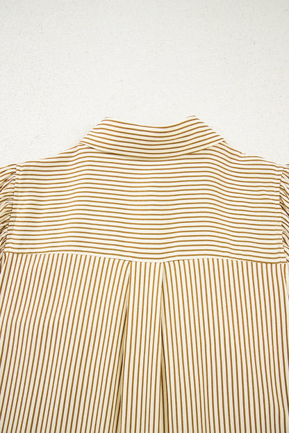 Brown Stripe Collared Neck Cuffed Long Sleeve Drop Waist Mini Dress