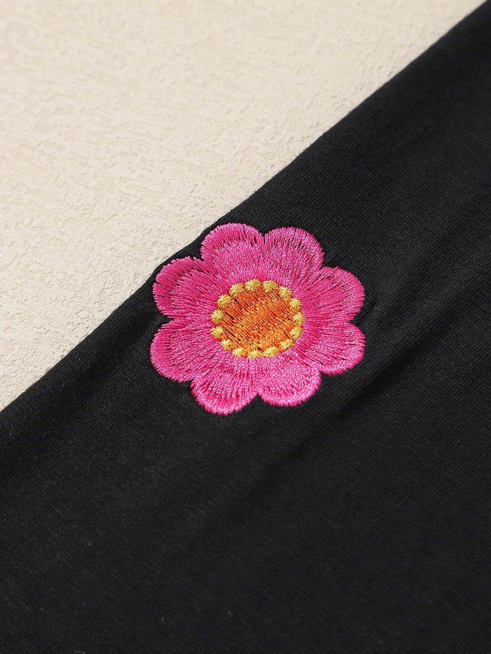 Elegant Black Floral Embroidered Blouse with Puff Sleeves