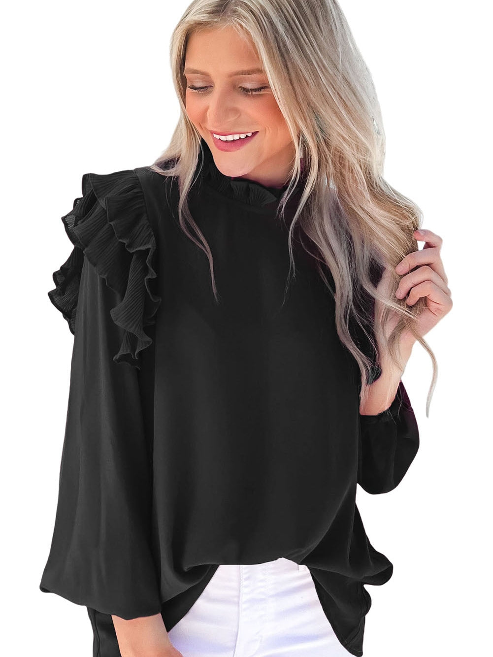 Elegant Black Ruffle Sleeve Keyhole Back Blouse
